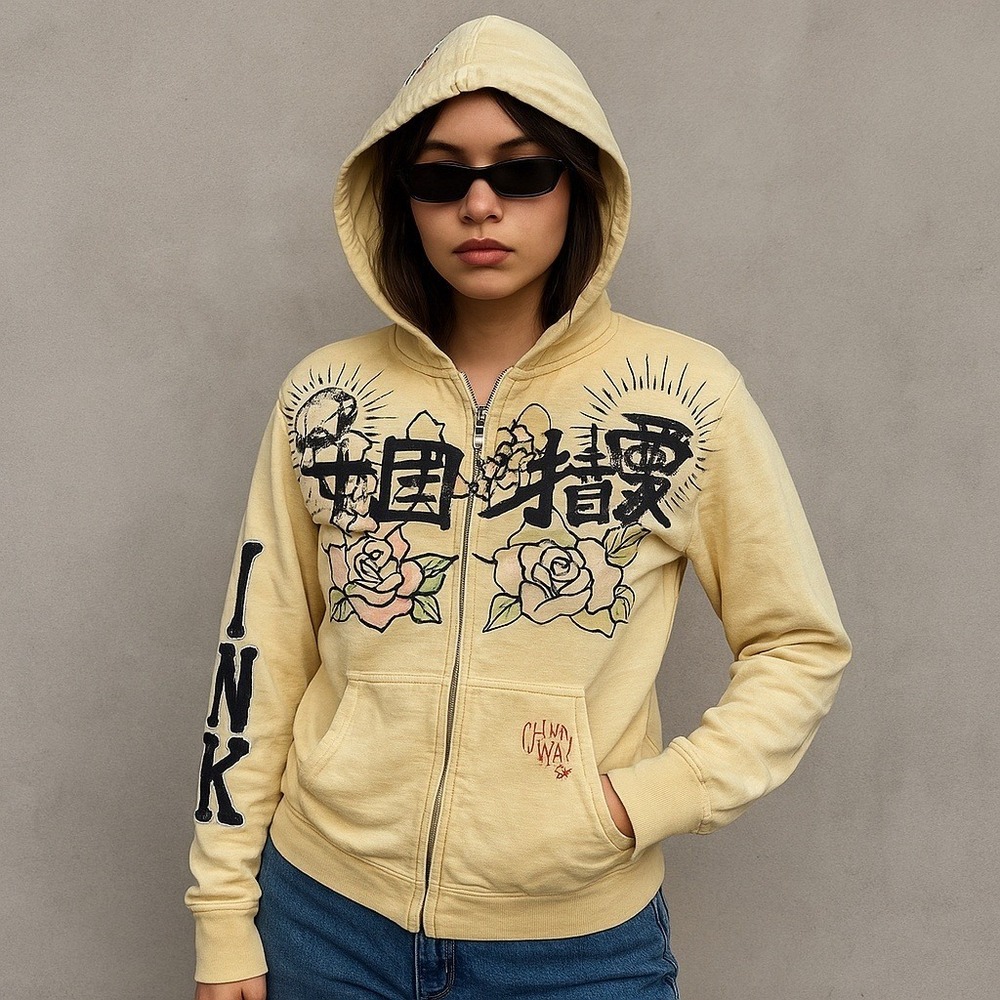 The Great China Wall Hoodie Womens L USA Y2K Tattoo Roses Diamonds Zip Up
